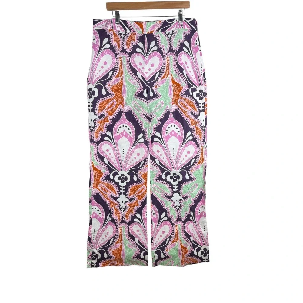 Zara Paisley Print Linen Blend Palazzo Pants size XL‎ Black/Pink/White